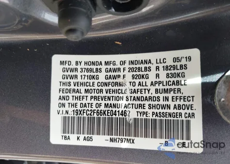 2019 Honda Civic Lx z USA, uszkodzony, nr VIN 19XFC2F66KE041462